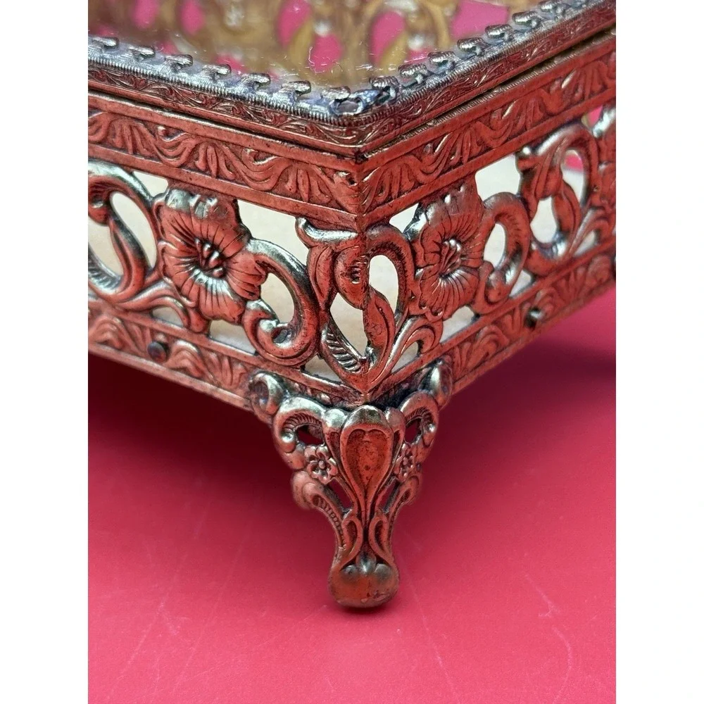 Vintage Floral Filigree Ormolu With Glass Top Jewelry Casket Box Velvet